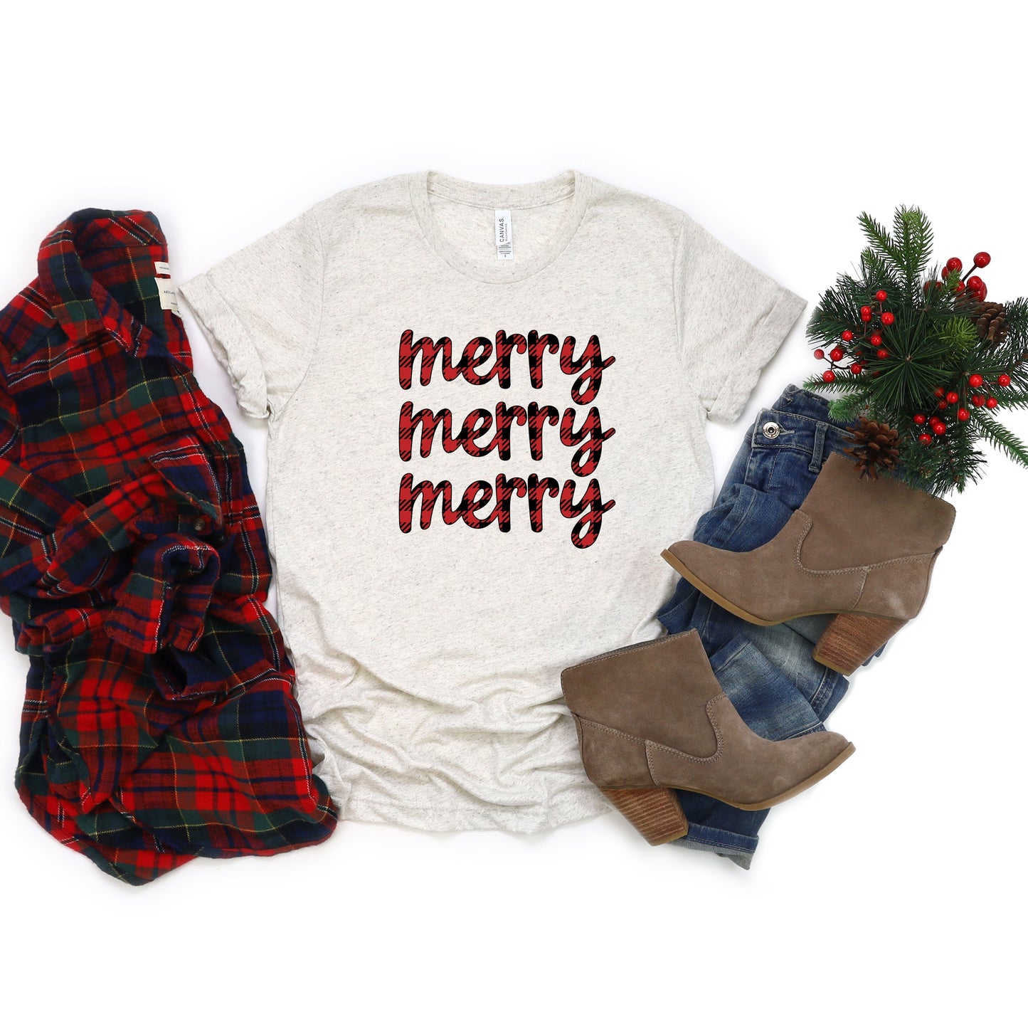 Buffalo Plaid Merry Stacked | Short Sleeve Crew Neck