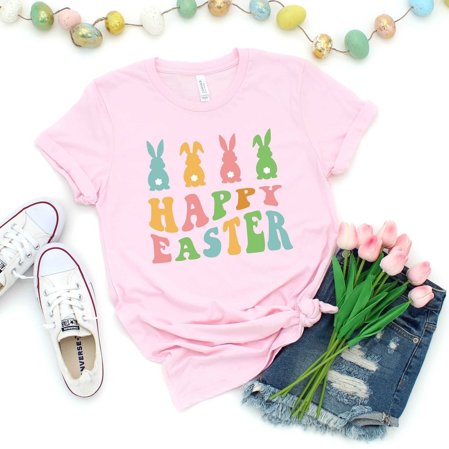 Happy Easter Pastel Bunnies | Short Sleeve Crew Neck