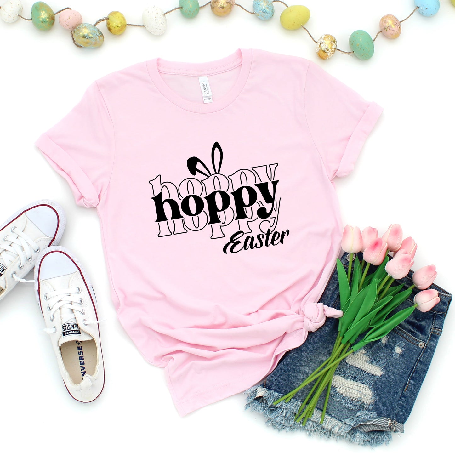Hoppy Easter Stacked With Ears | Short Sleeve Crew Neck