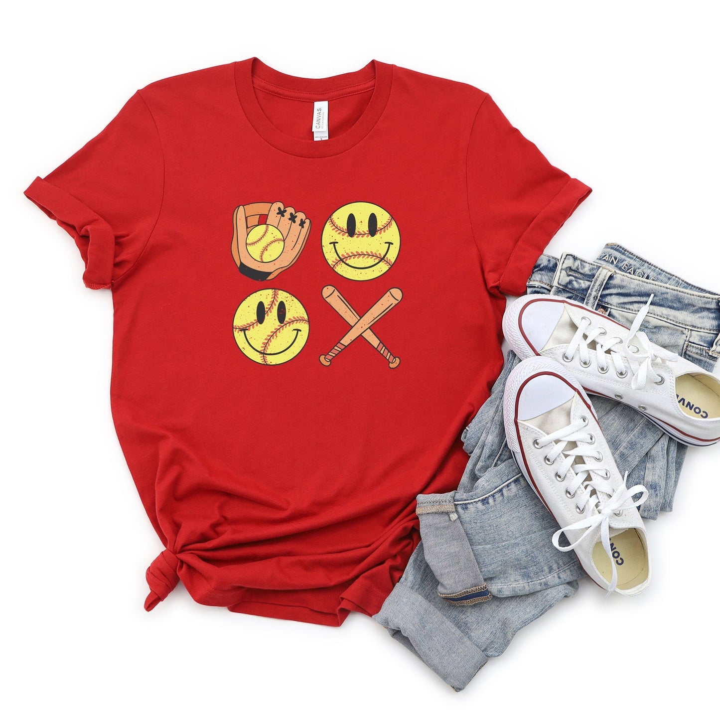 Vintage Bat And Softball Vibes Smiley Face | Short Sleeve Crew Neck