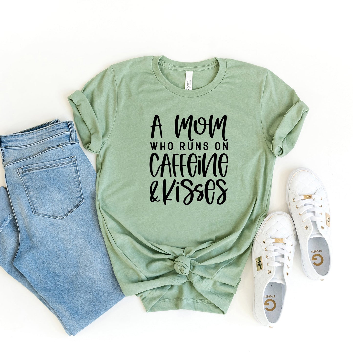 A Mom Who Runs On Caffeine And Kisses | Short Sleeve Crew Neck
