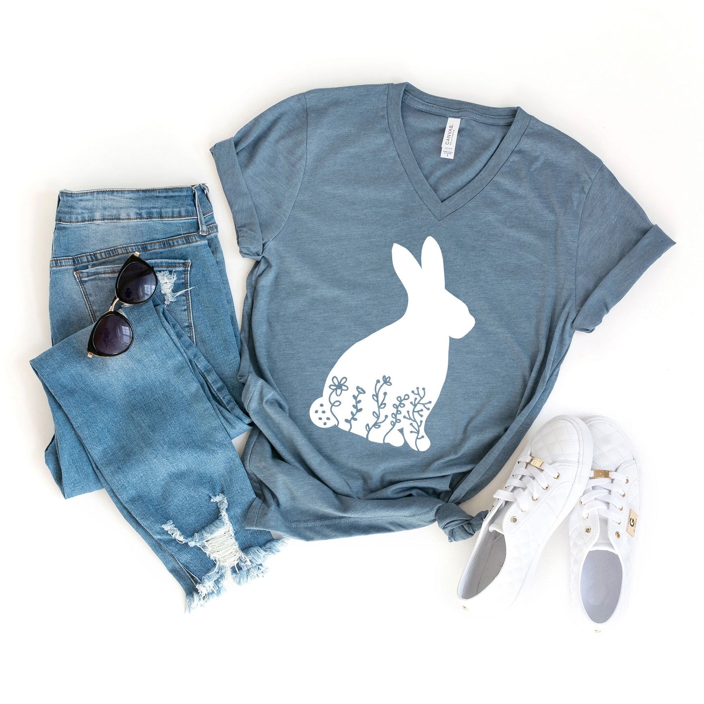 Bunny With Flowers | Short Sleeve V-Neck