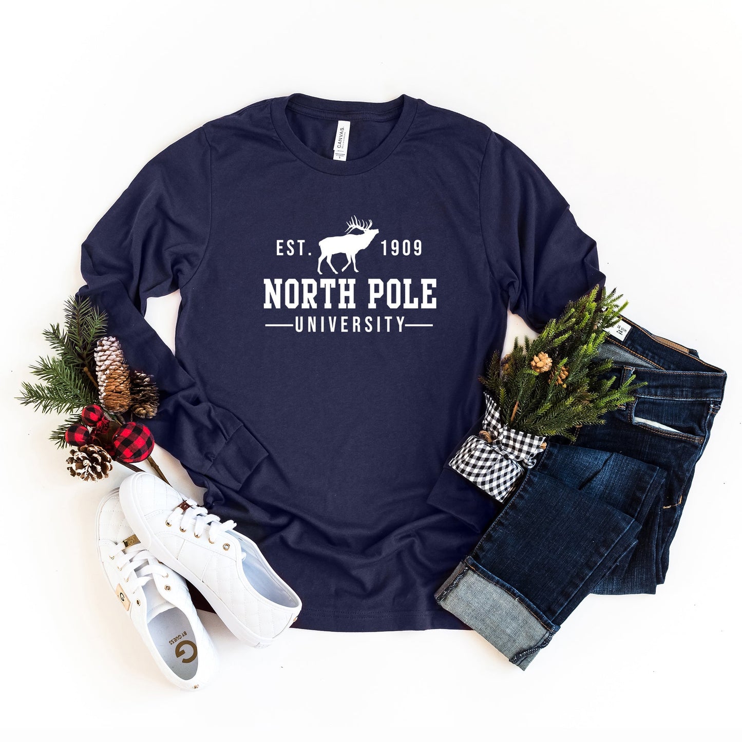 North Pole University With Reindeer | Long Sleeve Crew Neck