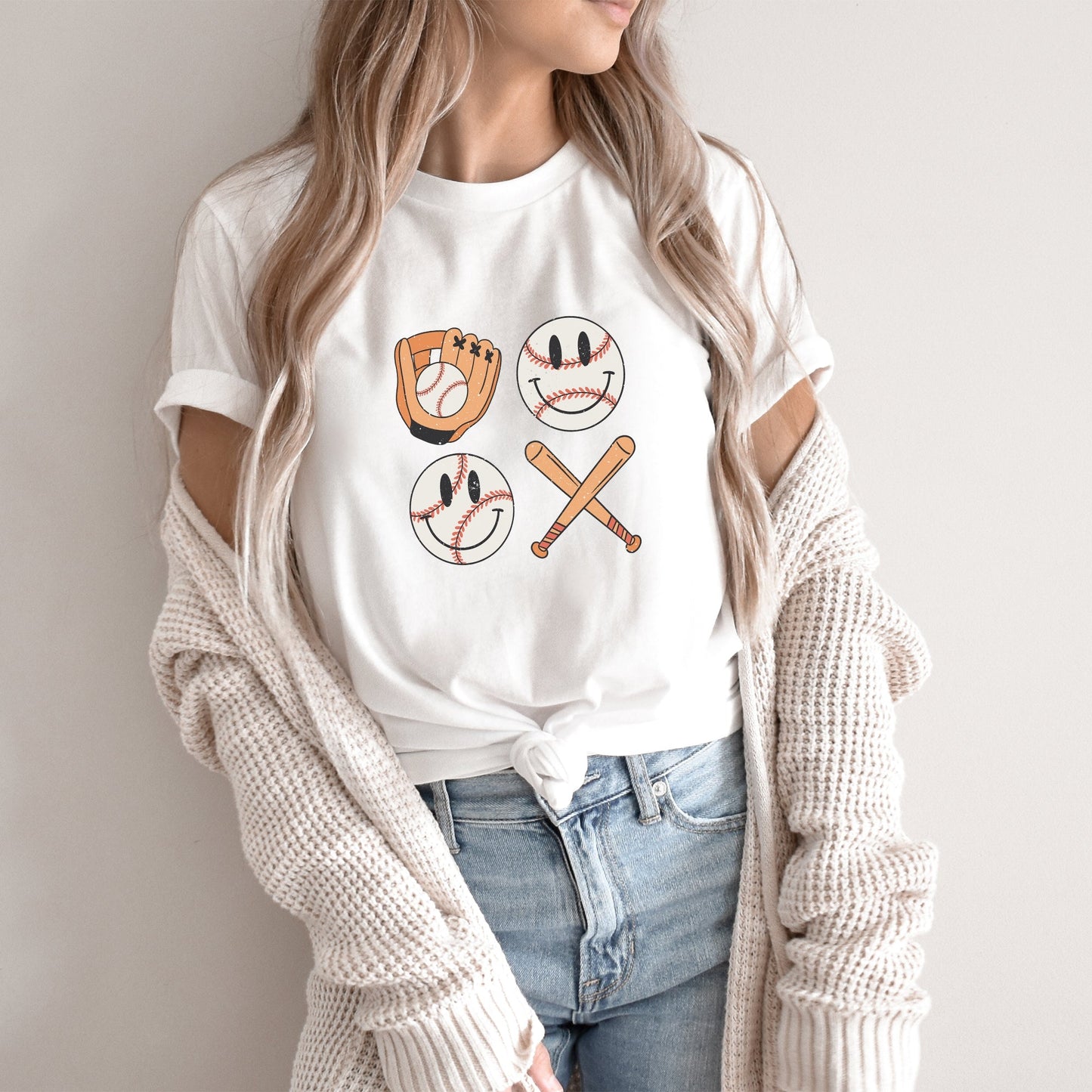 Vintage Bat And Baseball Smiley Face | Short Sleeve Crew Neck