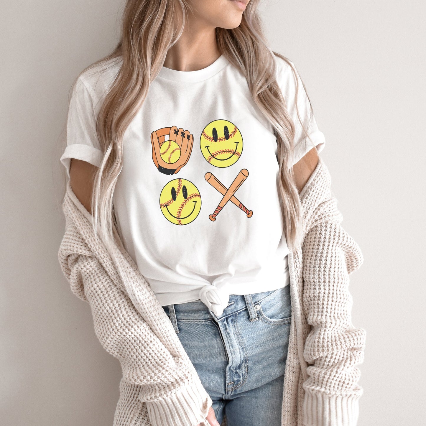 Vintage Bat And Softball Vibes Smiley Face | Short Sleeve Crew Neck