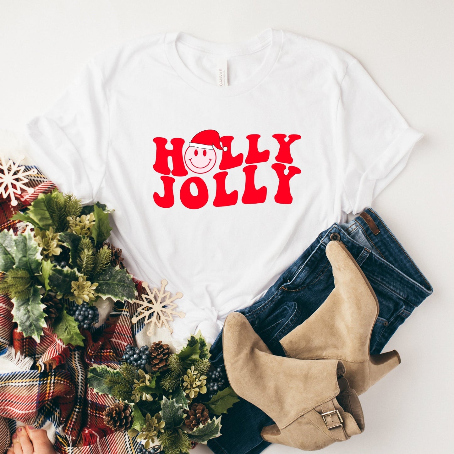 Holly Jolly Smiley Face | Short Sleeve Crew Neck