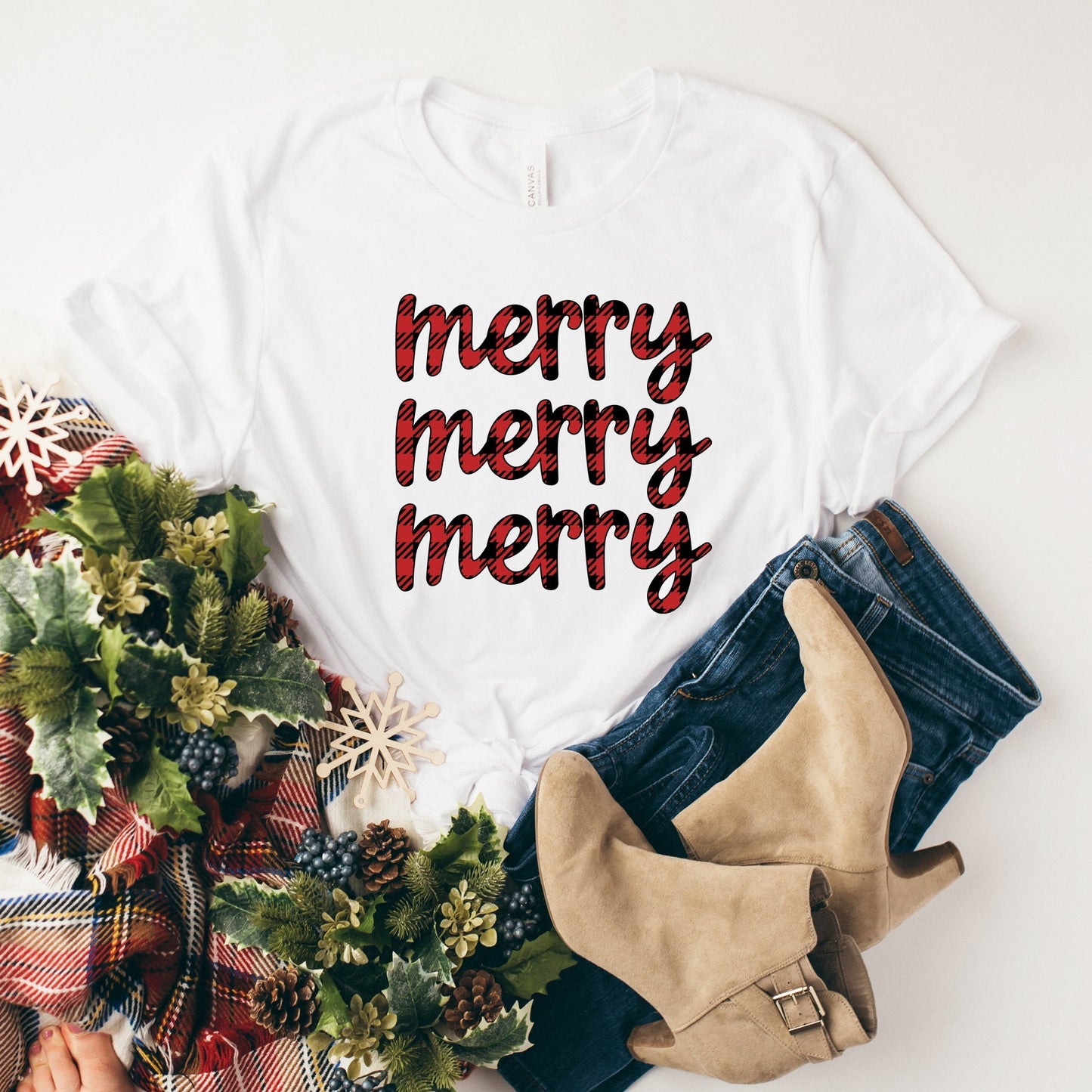 Buffalo Plaid Merry Stacked | Short Sleeve Crew Neck