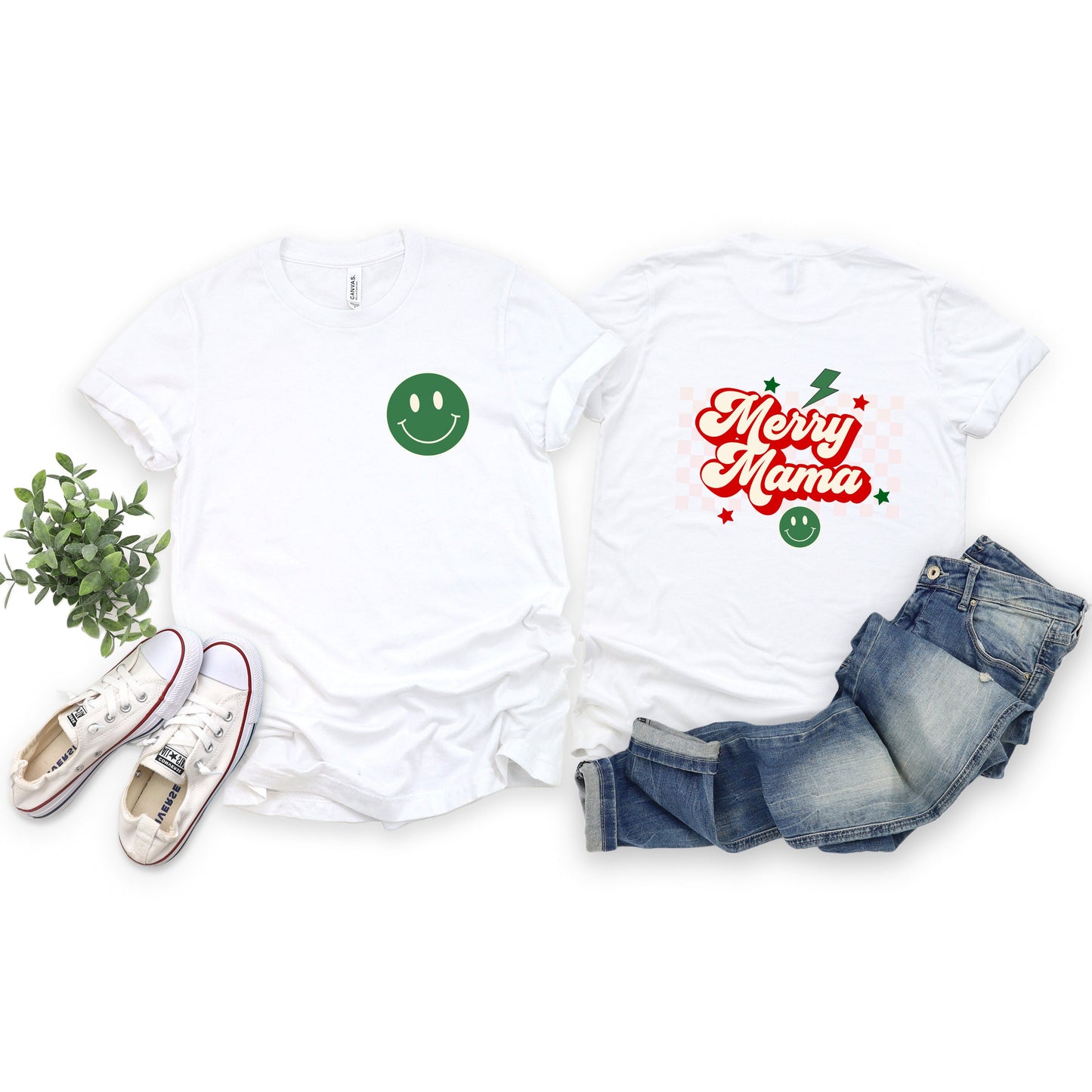 Merry Mama Checkered | Short Sleeve Crew Neck | Front And Back Ink
