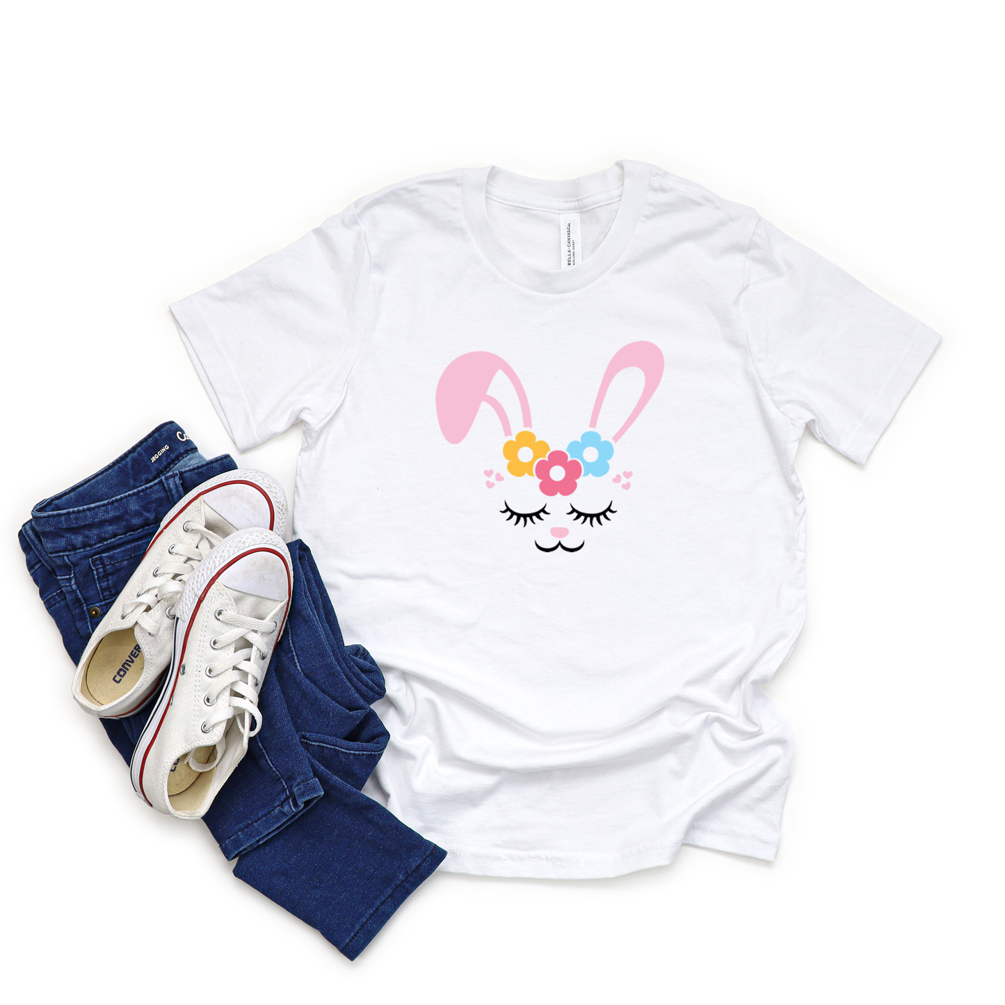 Bunny Face With Flowers | Short Sleeve Crew Neck