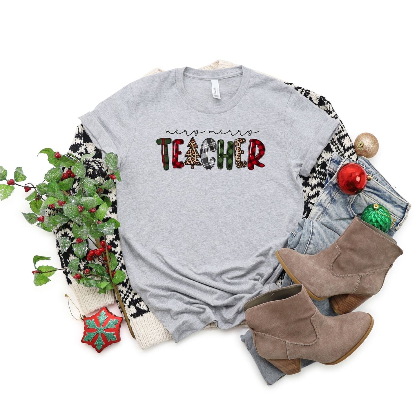 Very Merry Teacher Plaid | Short Sleeve Crew Neck