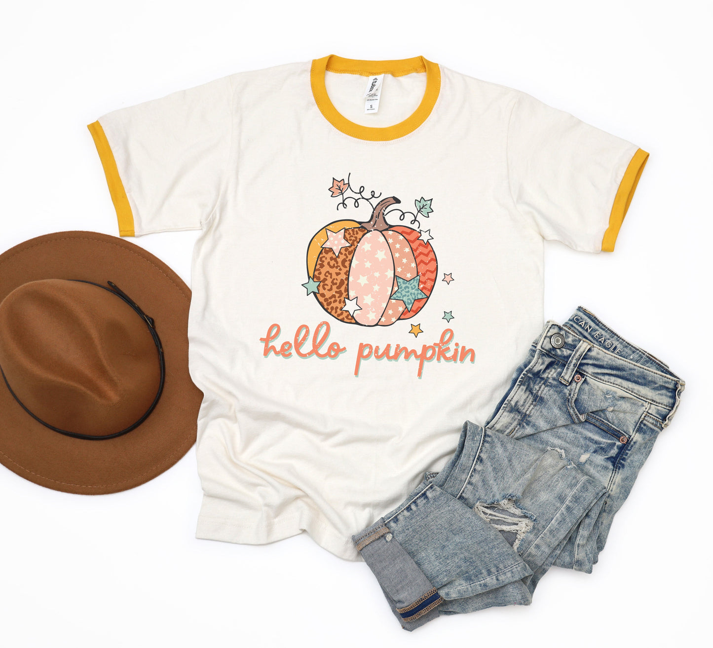 Hello Pumpkin Colorful Stars | Ringer Tee