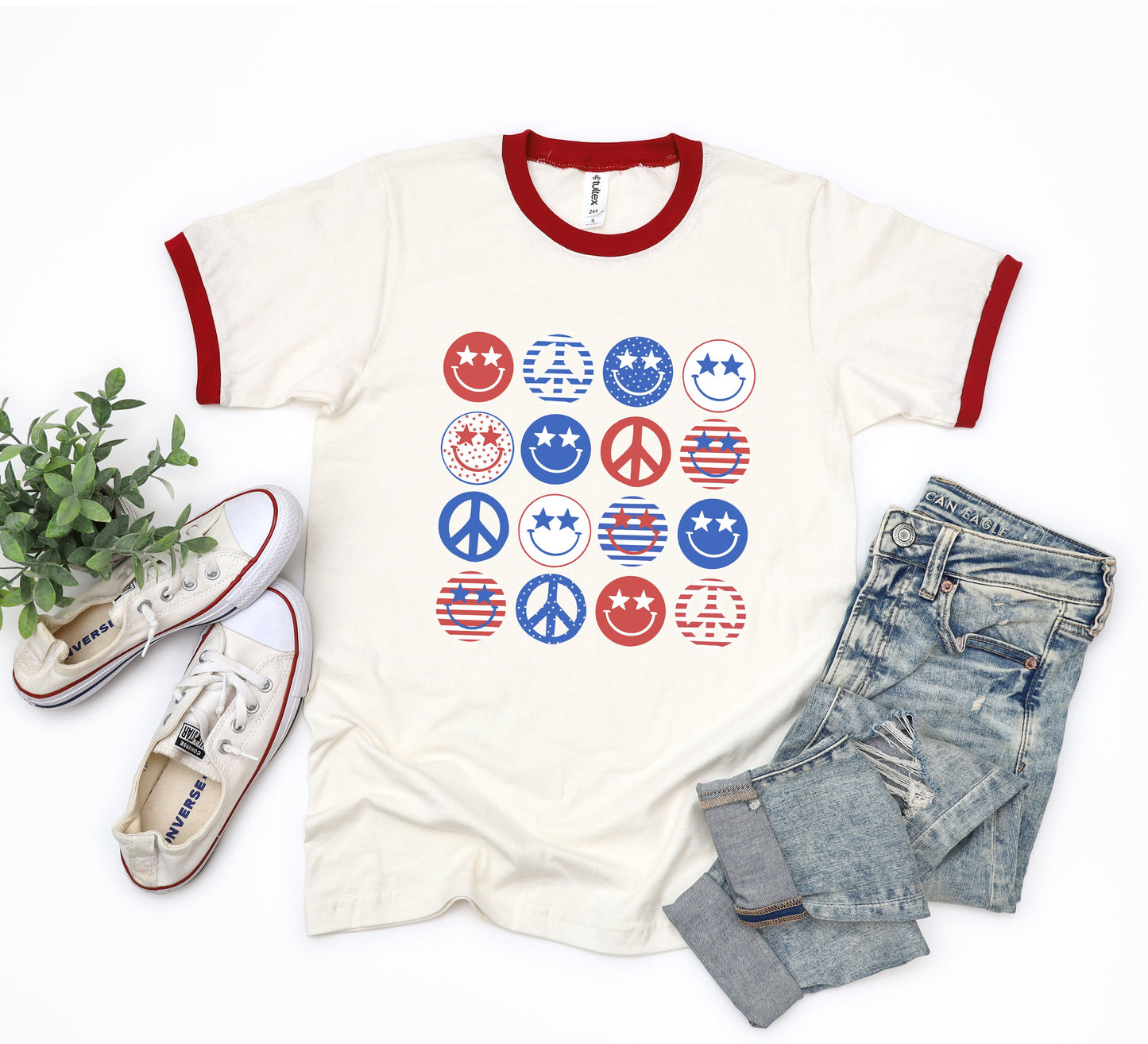 Stacked 4th Of July Smiley Faces | Ringer Tee