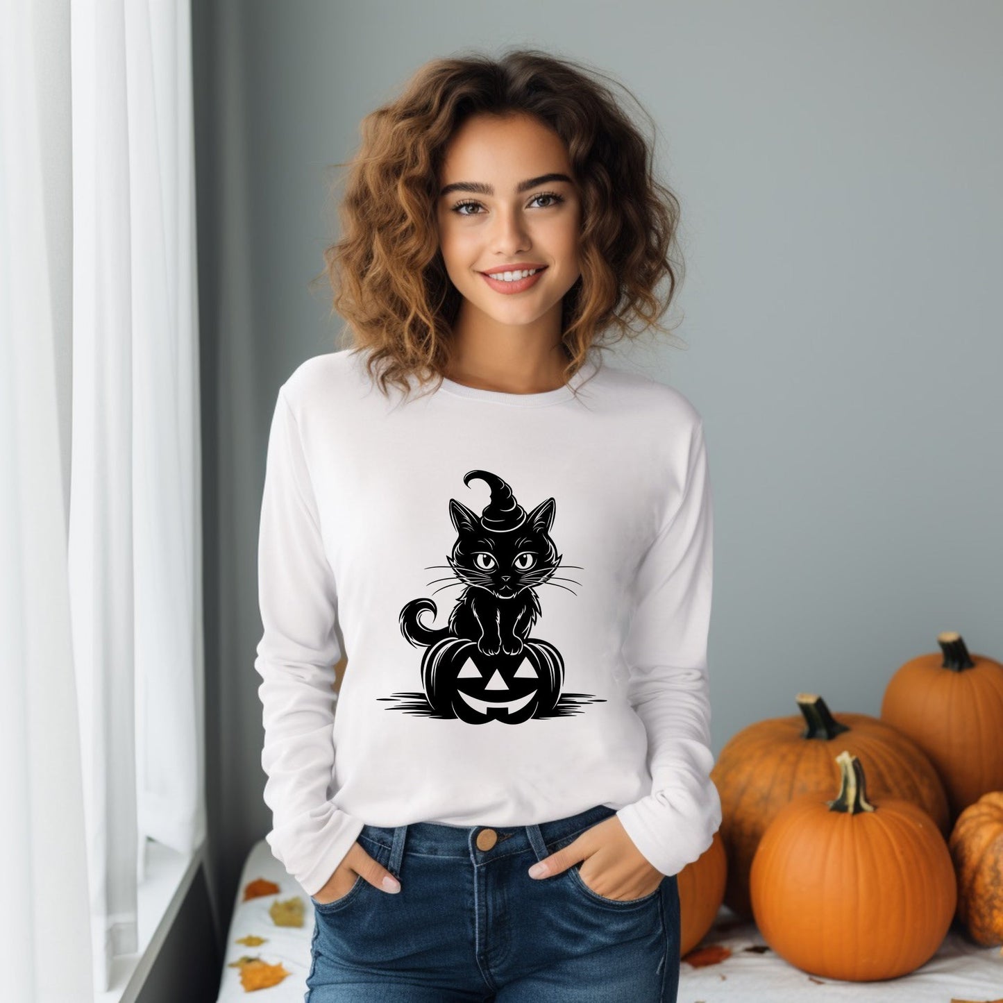 Cat Perched On A Pumpkin | Long Sleeve Crew Neck