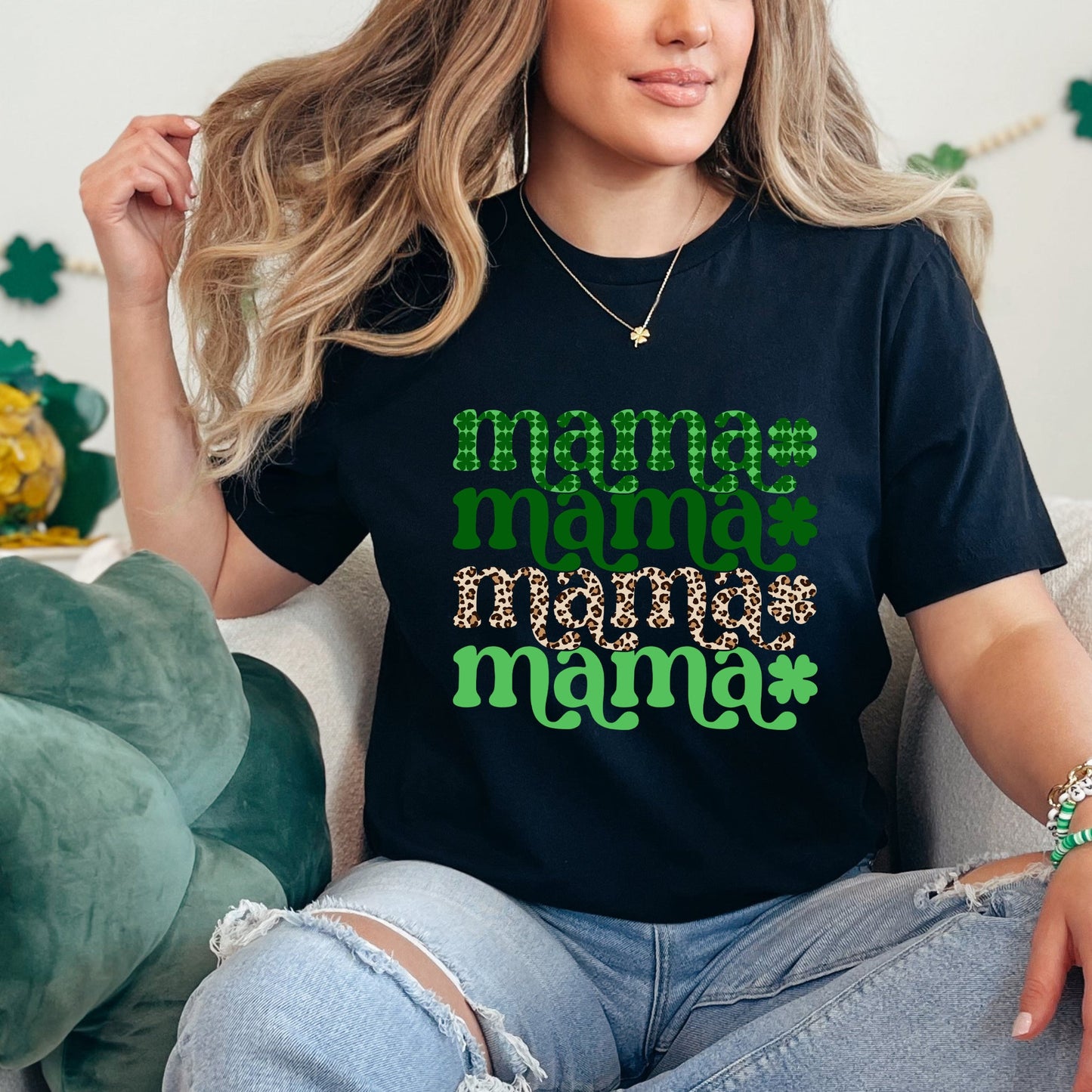 Lucky Mama Plaid and Leopard Stacked | Short Sleeve Graphic Tee