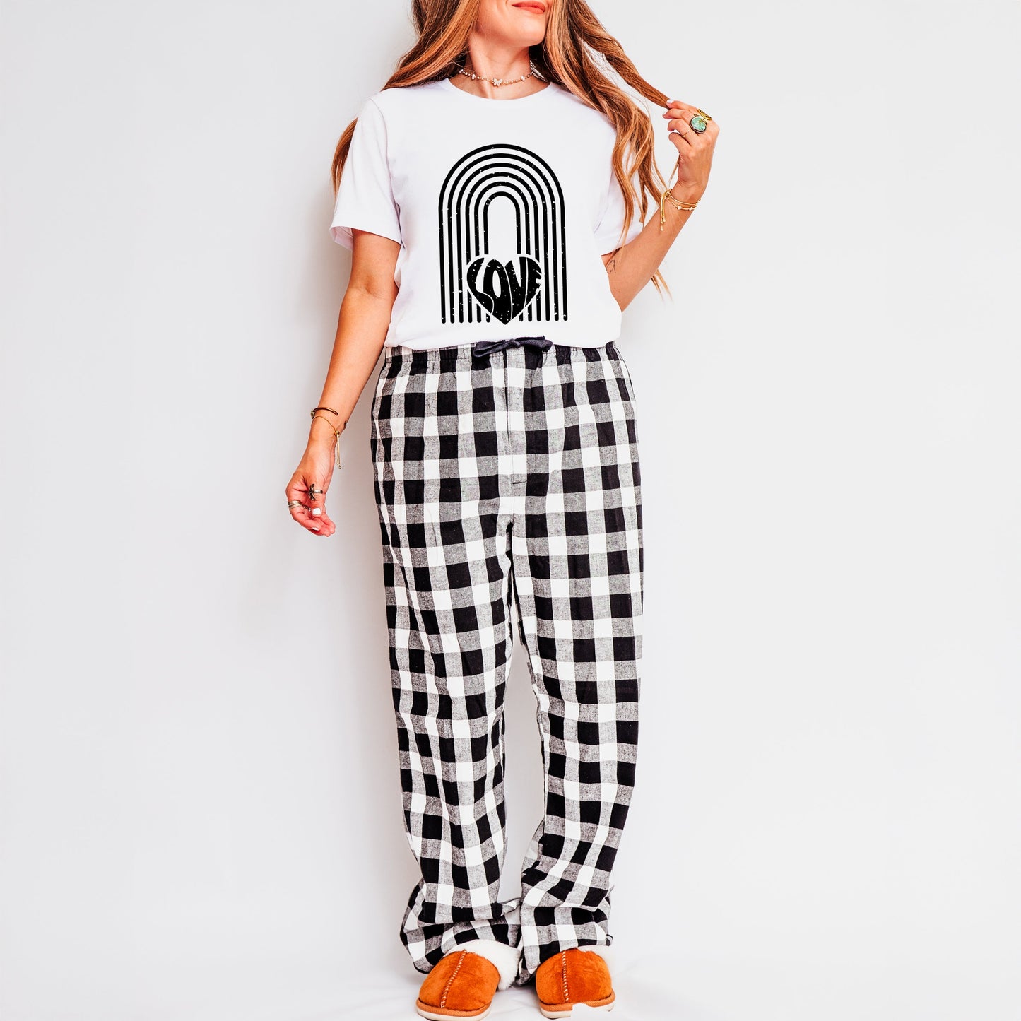 Rainbow Love Heart Distressed | Plaid Pajama Set