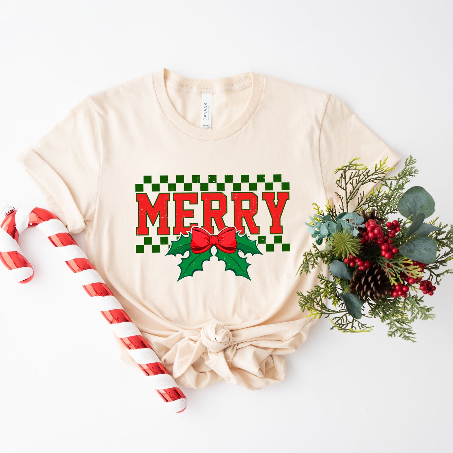 Merry Checkered Mistletoe | Short Sleeve Crew Neck