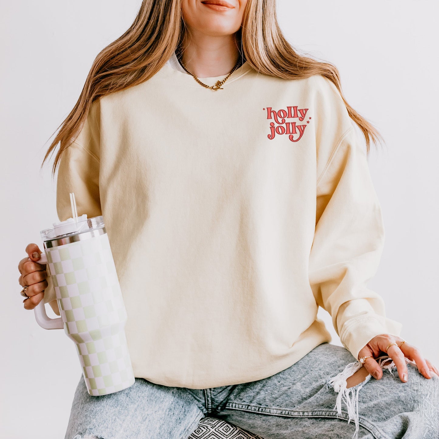 Embroidered Whimsical Holly Jolly Stars Mini  | Lightweight Garment Dyed Sweatshirt