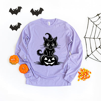 Cat Perched On A Pumpkin | Long Sleeve Crew Neck