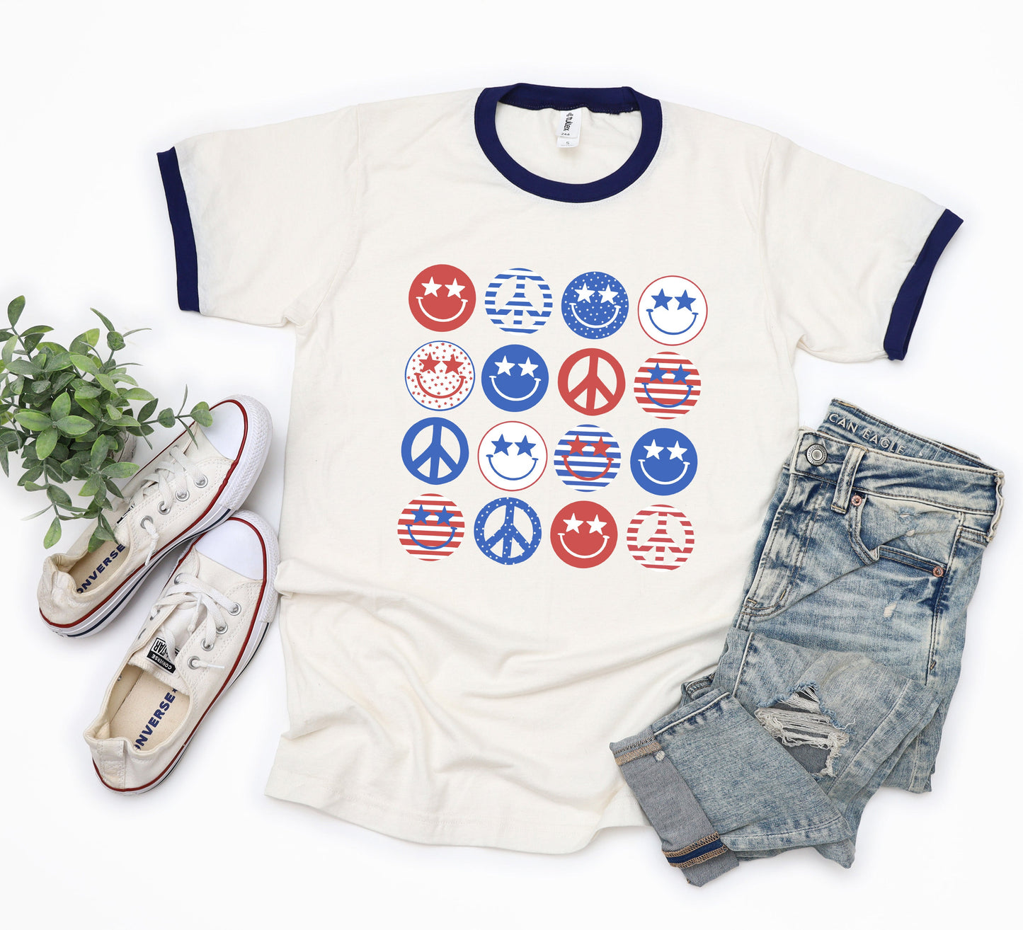 Stacked 4th Of July Smiley Faces | Ringer Tee