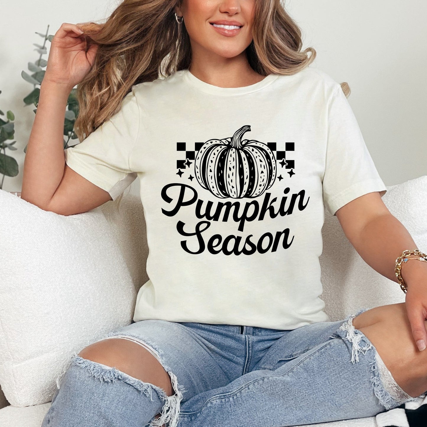 Checkered Pumpkin Season Cursive | Short Sleeve Graphic Tee