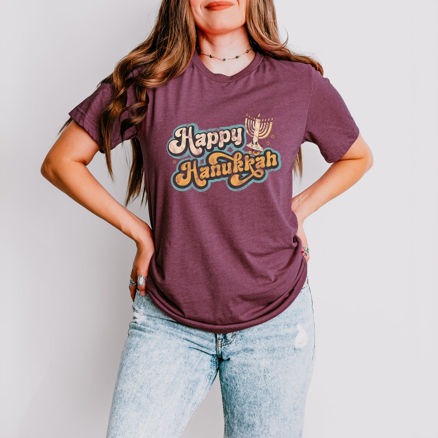 Retro Happy Hanukkah Distressed | Short Sleeve Crew Neck