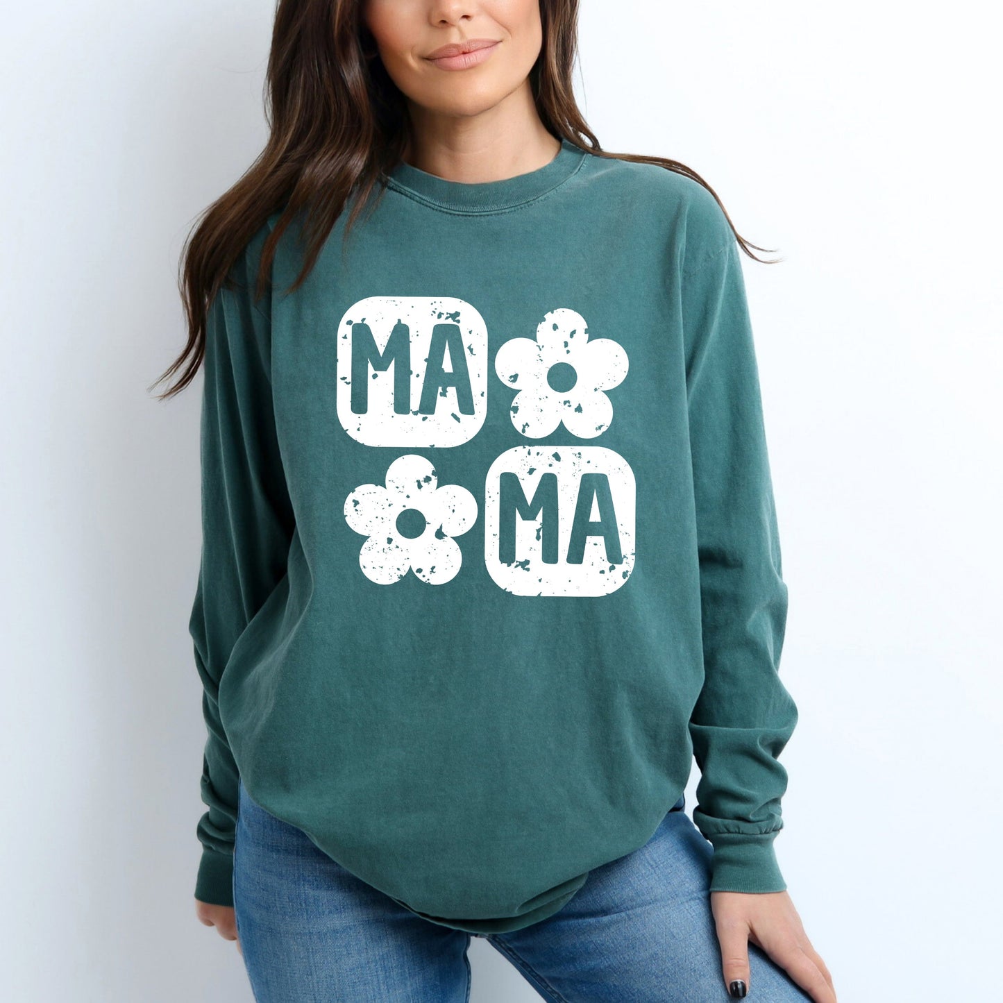 Mama Square Flower Grunge | Garment Dyed Long Sleeve