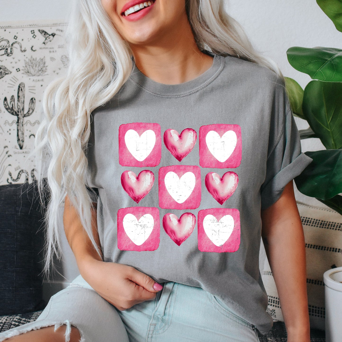 Pink Heart Grid | Garment Dyed Tee