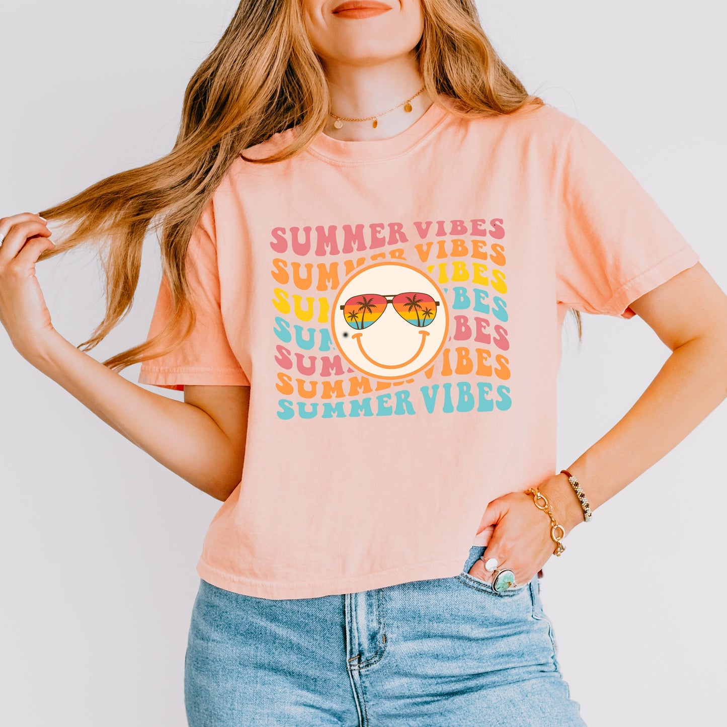Summer Vibes Stacked Smiley | Relaxed Fit Cropped Tee
