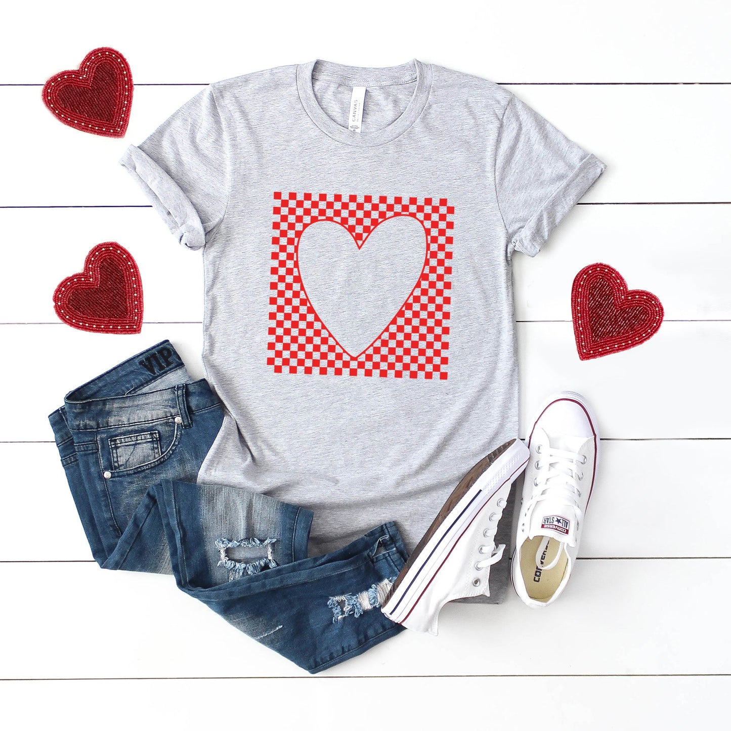 Checkered Heart Cut Out | Short Sleeve Graphic Tee