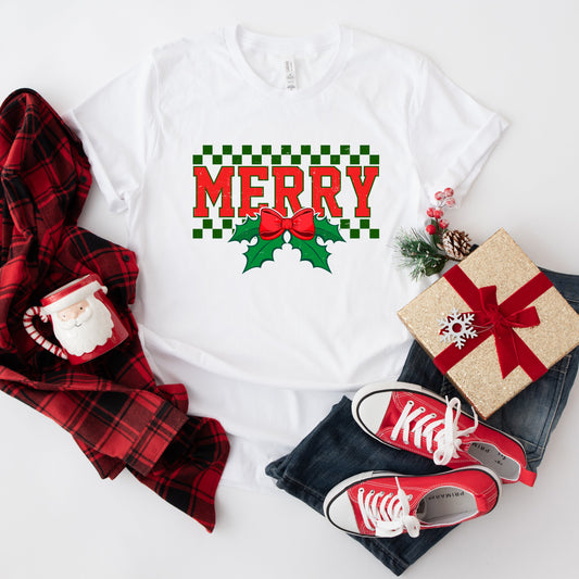 Merry Checkered Mistletoe | Short Sleeve Crew Neck