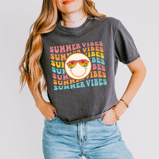 Summer Vibes Stacked Smiley | Relaxed Fit Cropped Tee