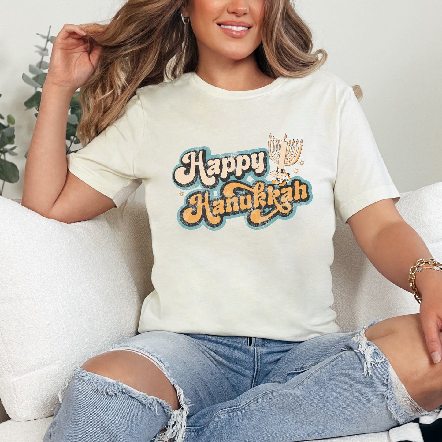 Retro Happy Hanukkah Distressed | Short Sleeve Crew Neck