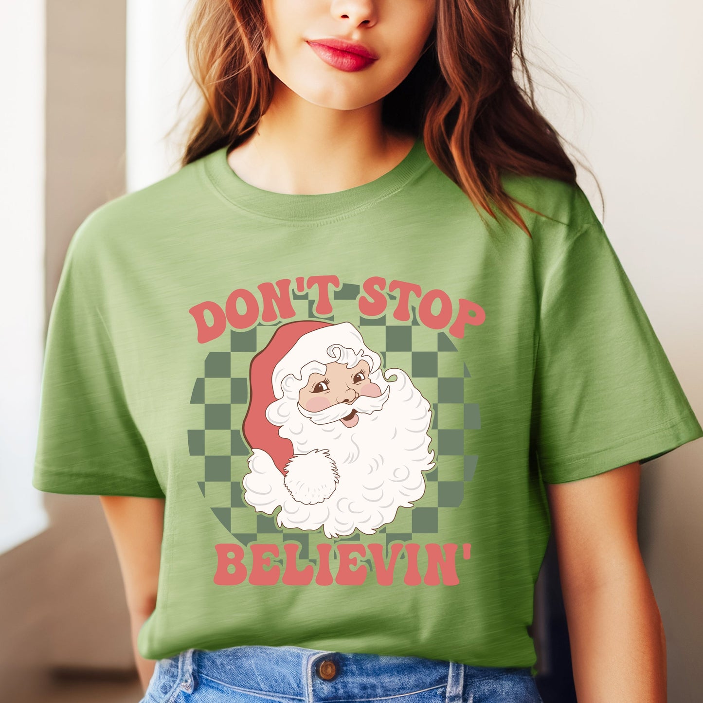 Don't Stop Believin' Santa Checkered | Short Sleeve Crew Neck