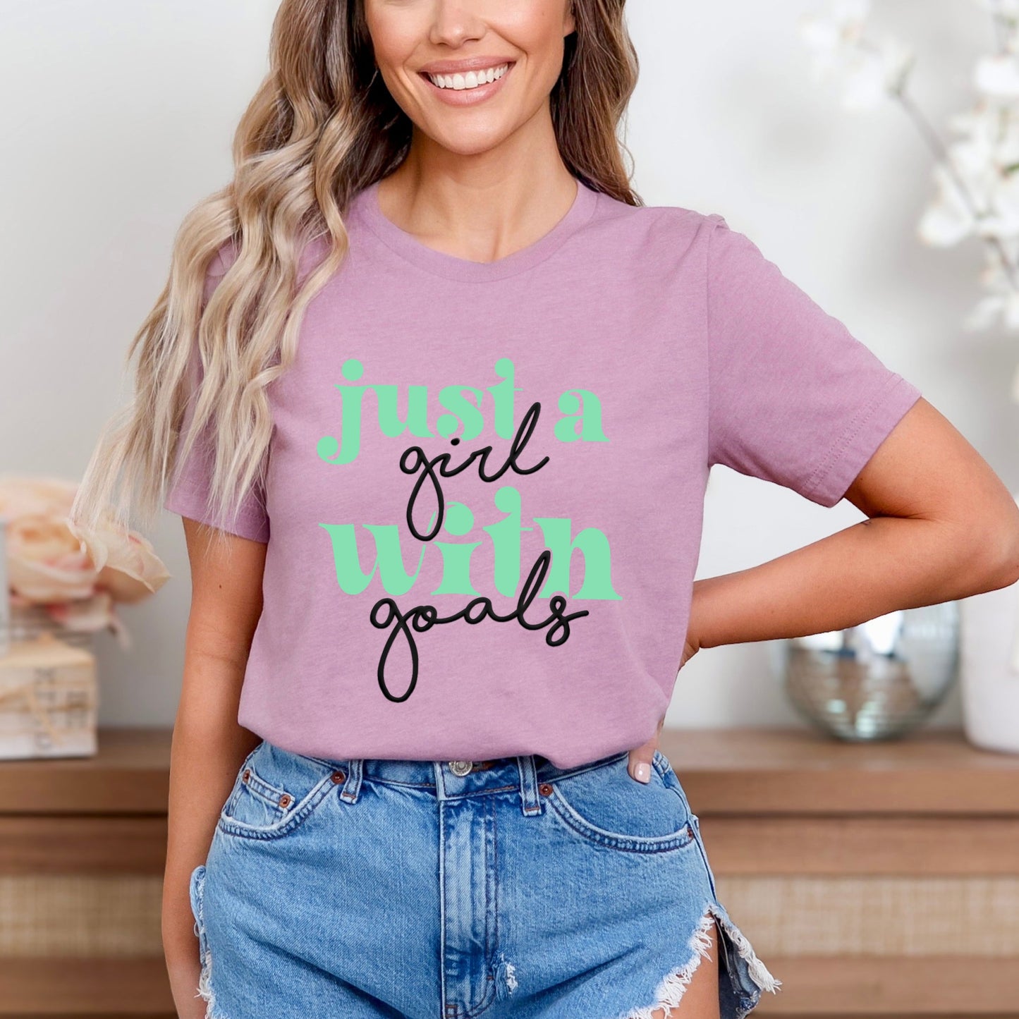 Just A Girl With Goals Multi Puff Print | Short Sleeve Crew Neck