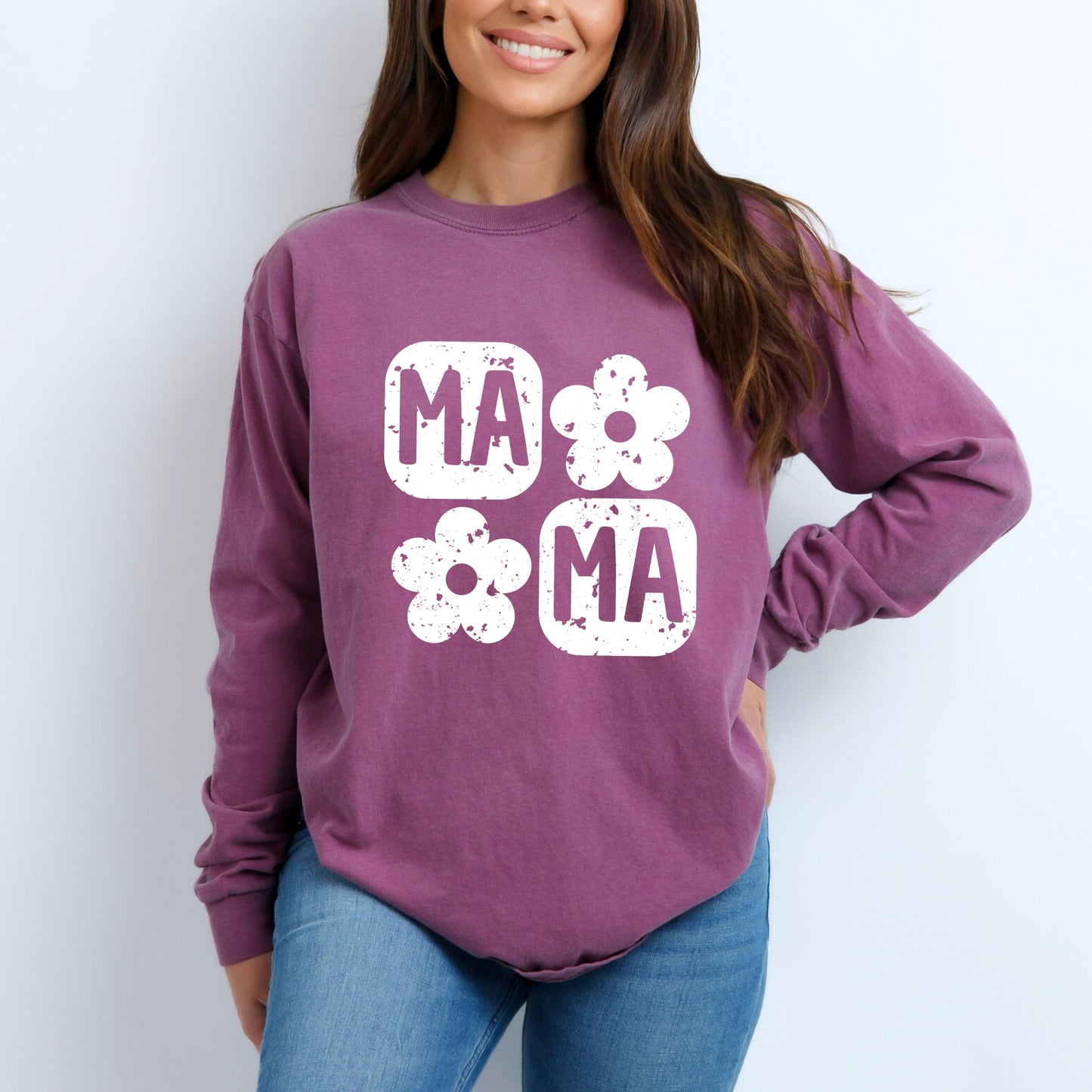 Mama Square Flower Grunge | Garment Dyed Long Sleeve