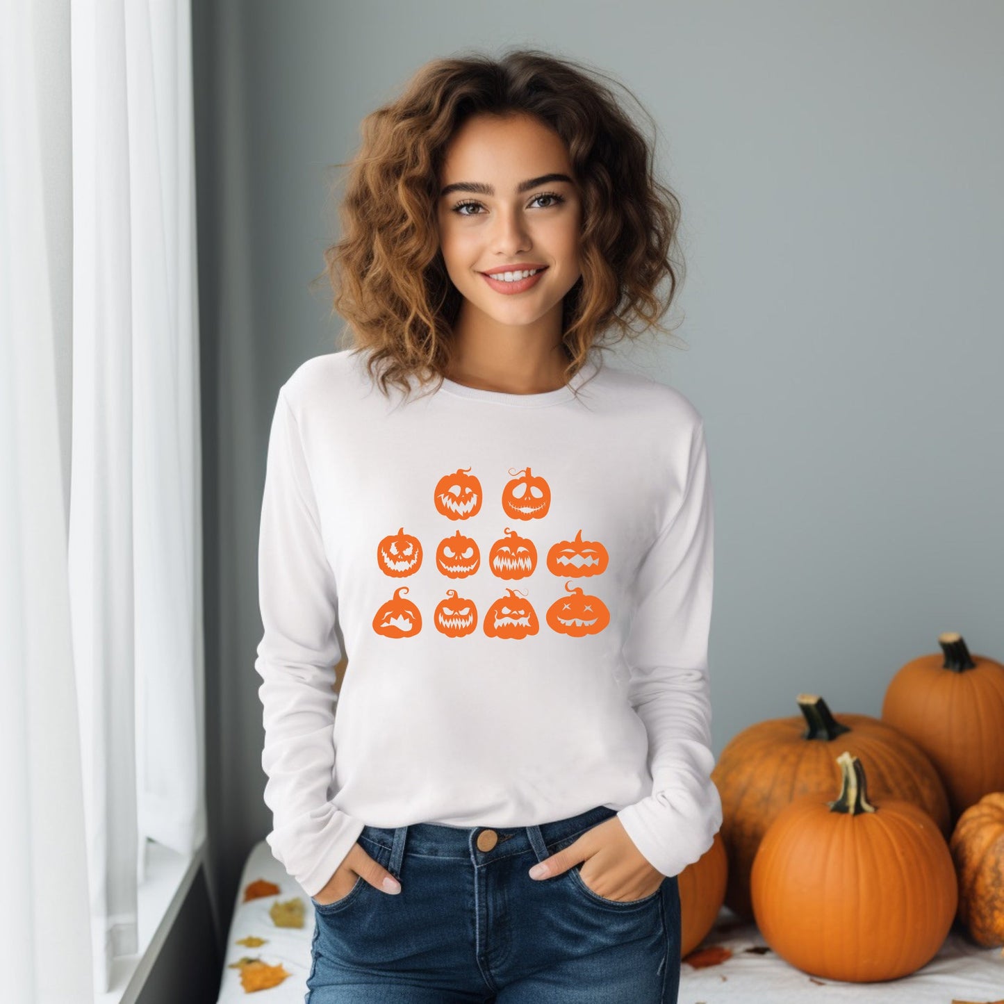 Halloween Pumpkin Faces | Long Sleeve Crew Neck