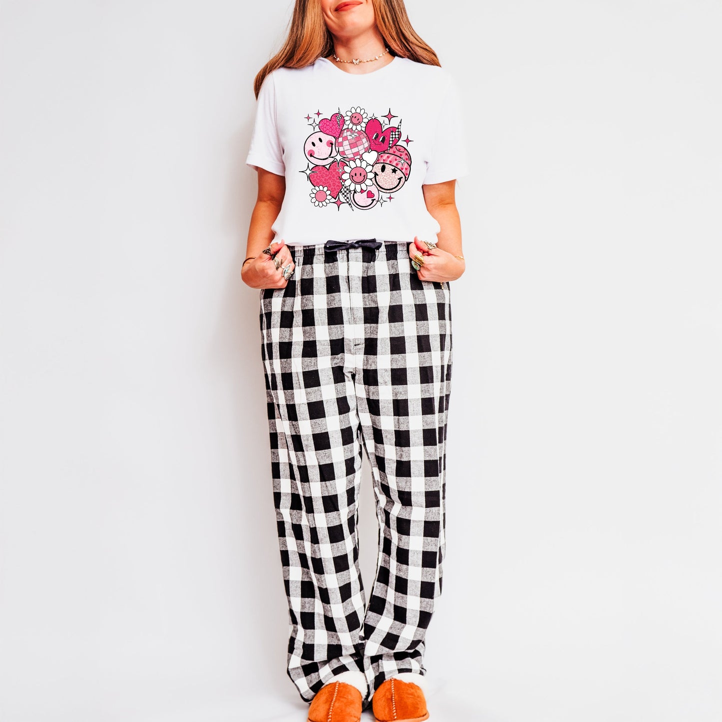 Pink Flower Hearts | Plaid Pajama Set