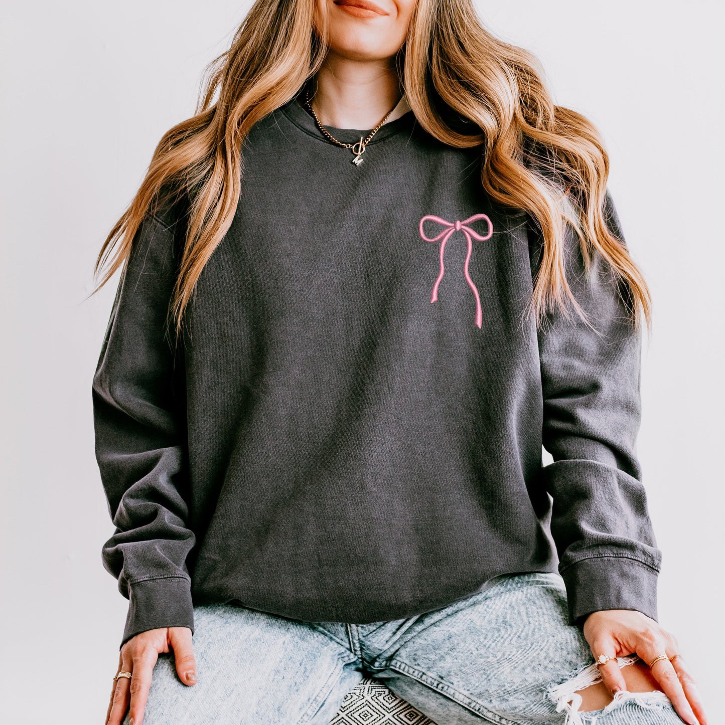 Embroidered Thin Bow  | Lightweight Garment Dyed Sweatshirt