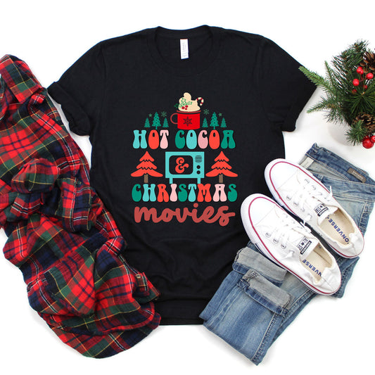 Retro Hot Cocoa Mug And Christmas Movies | Short Sleeve Crew Neck