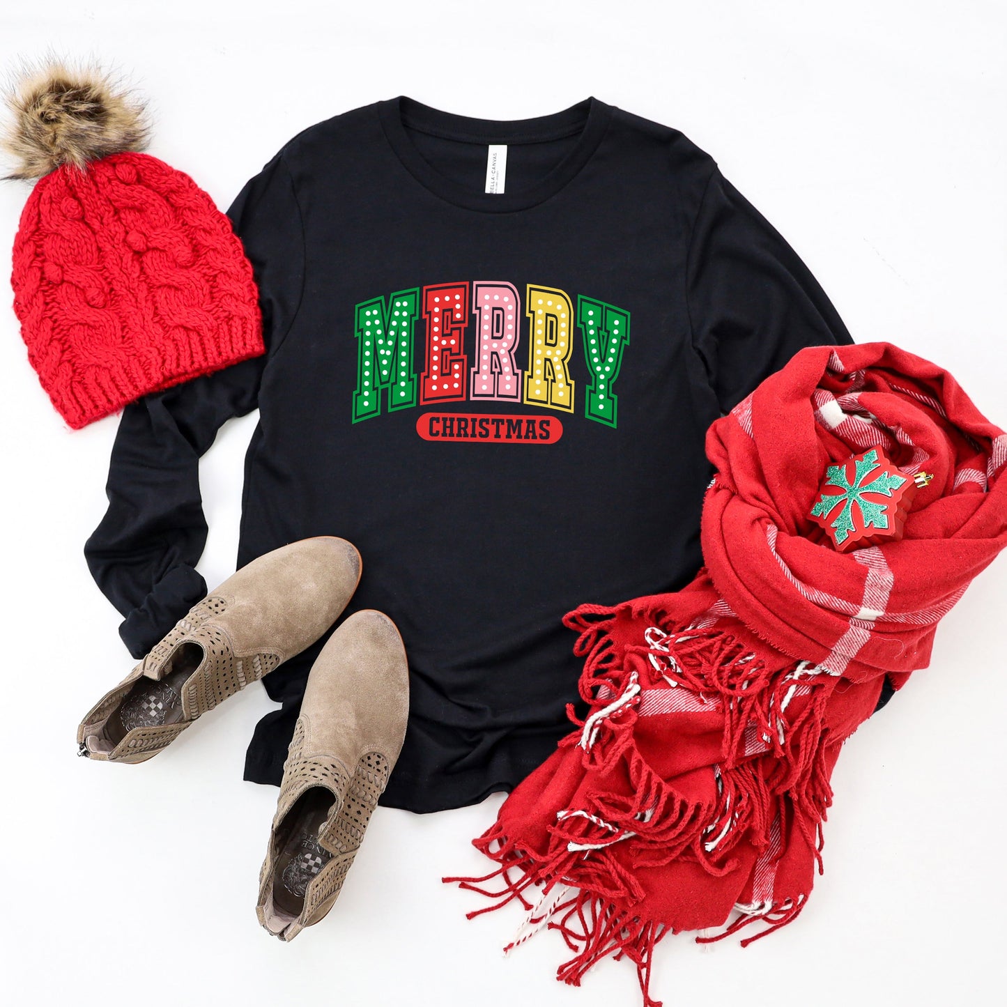 Merry Christmas Varsity Colorful | Long Sleeve Crew Neck