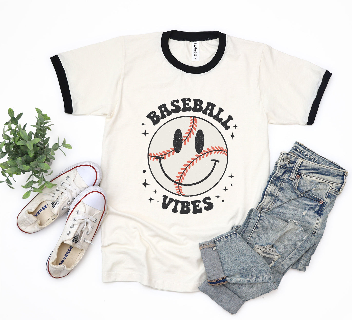 Baseball Vibes Smiley Face | Ringer Tee