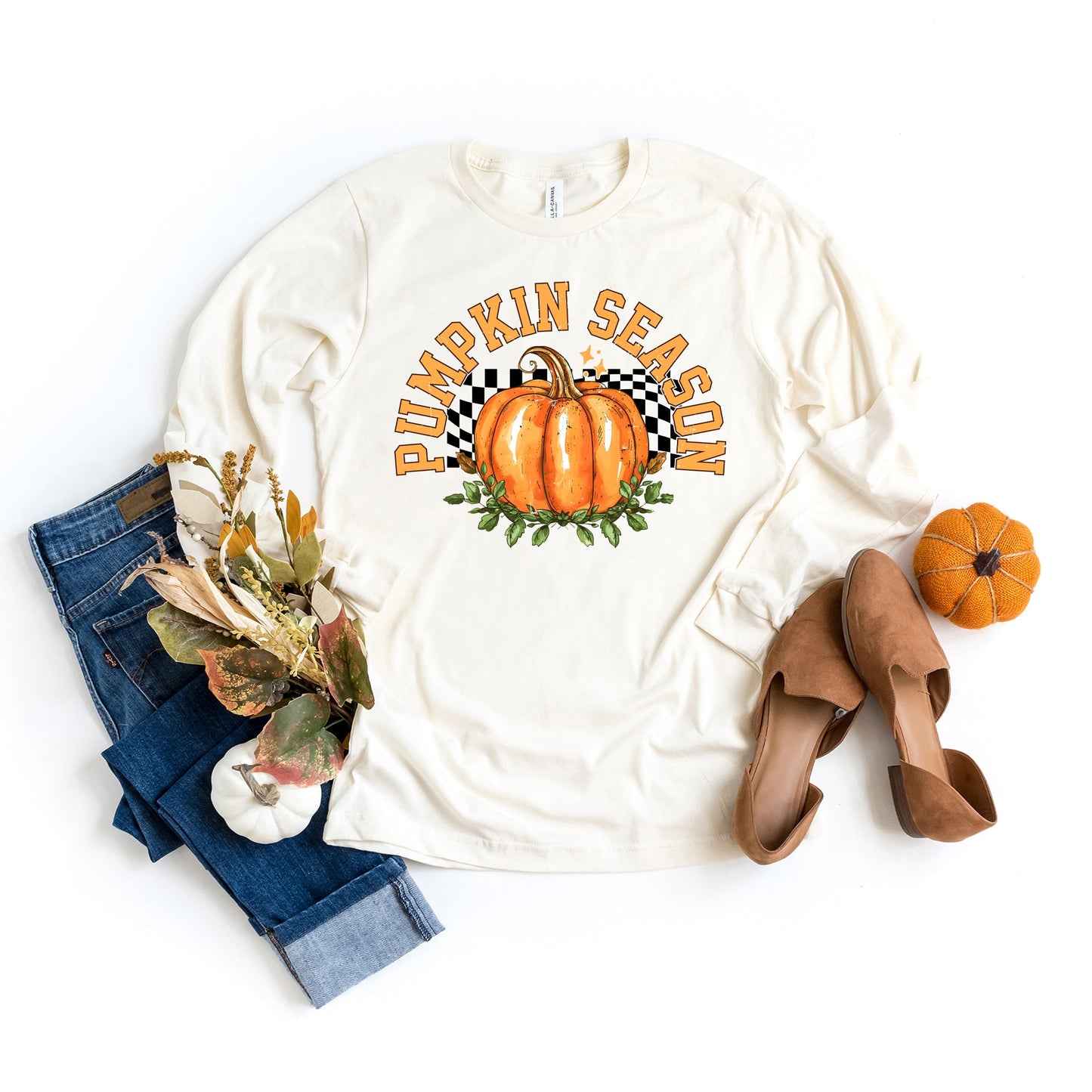 Pumpkin Season Checkered | Long Sleeve Crew Neck