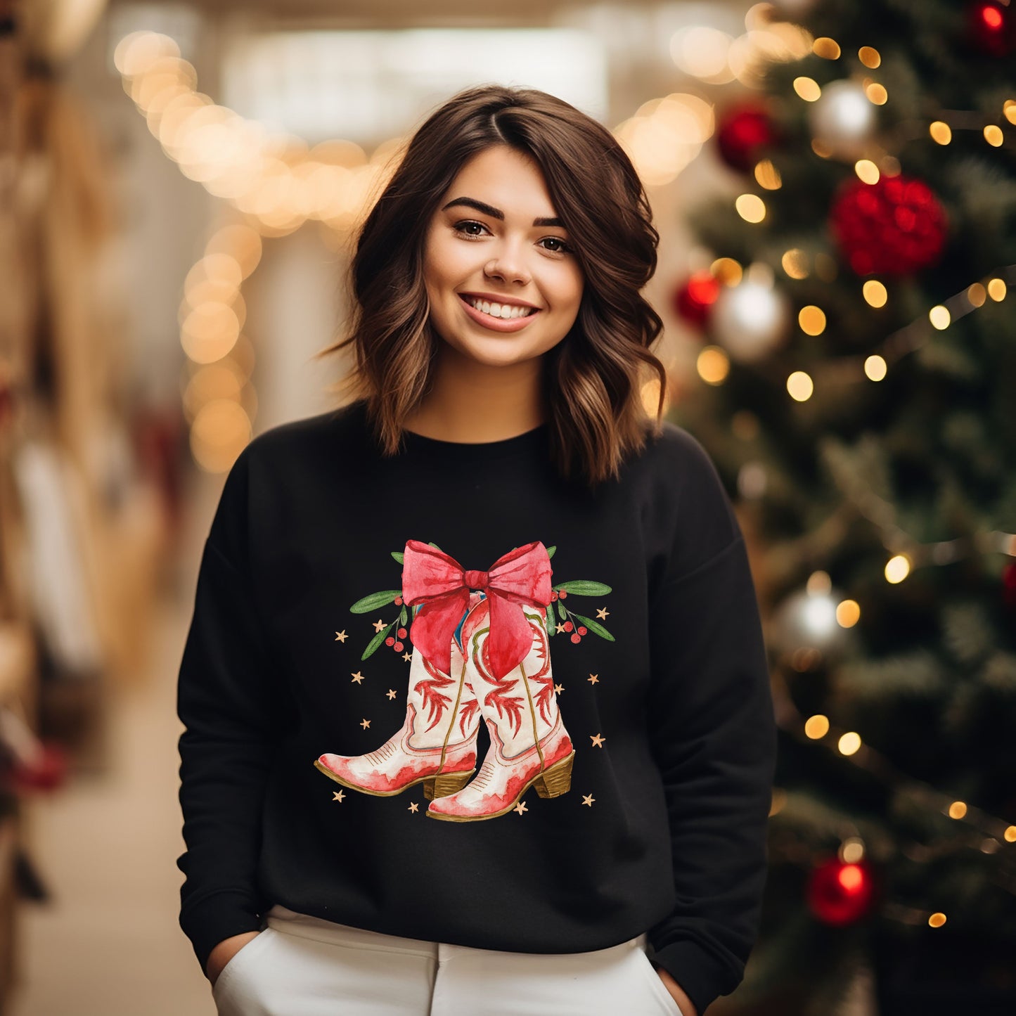 Coquette Cowgirl Christmas Boots | Sweatshirt