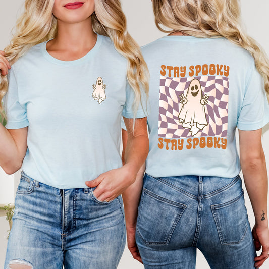 Checkered Stay Spooky Ghost | Front and Back Short Sleeve Crew Neck