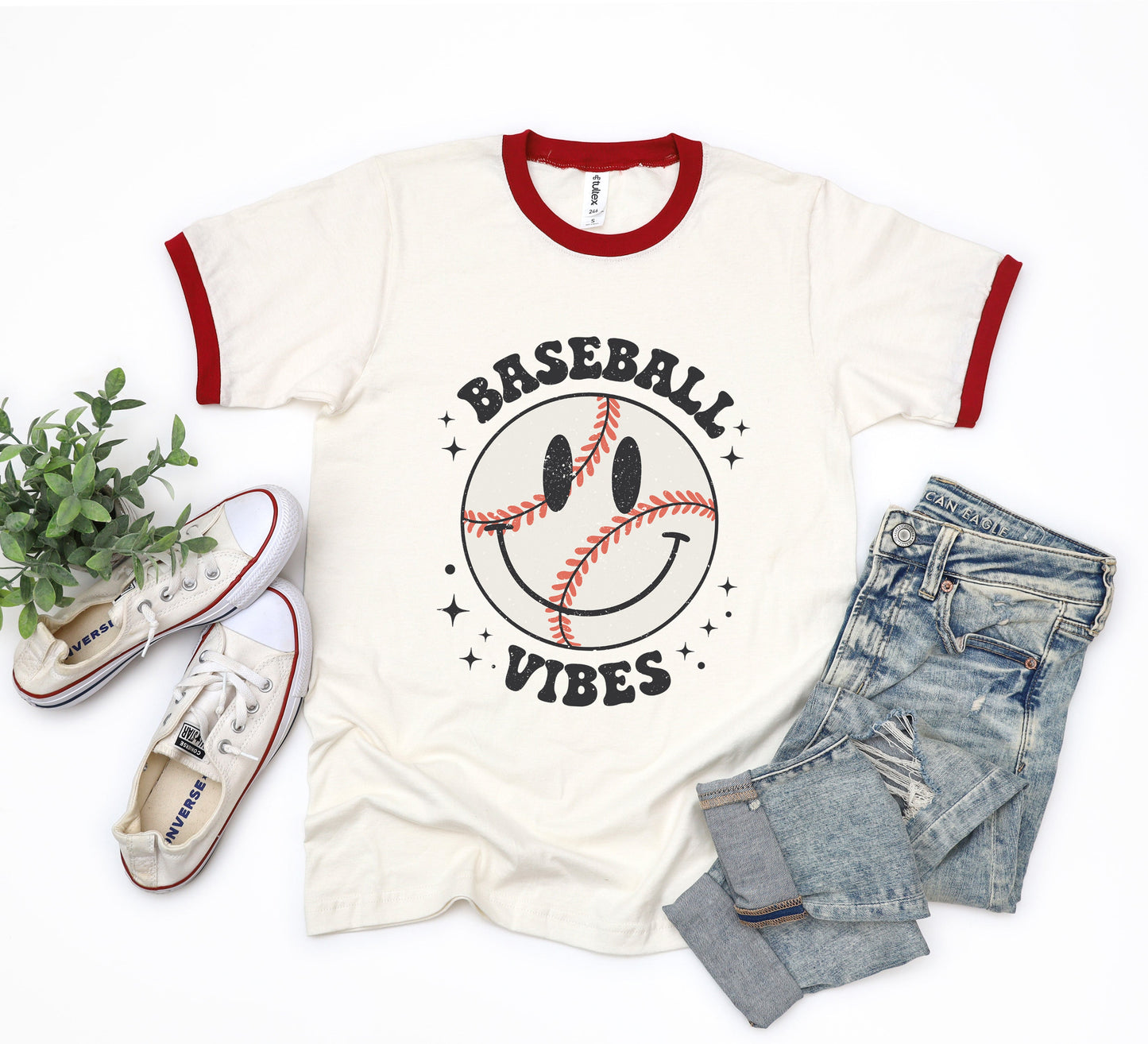 Baseball Vibes Smiley Face | Ringer Tee