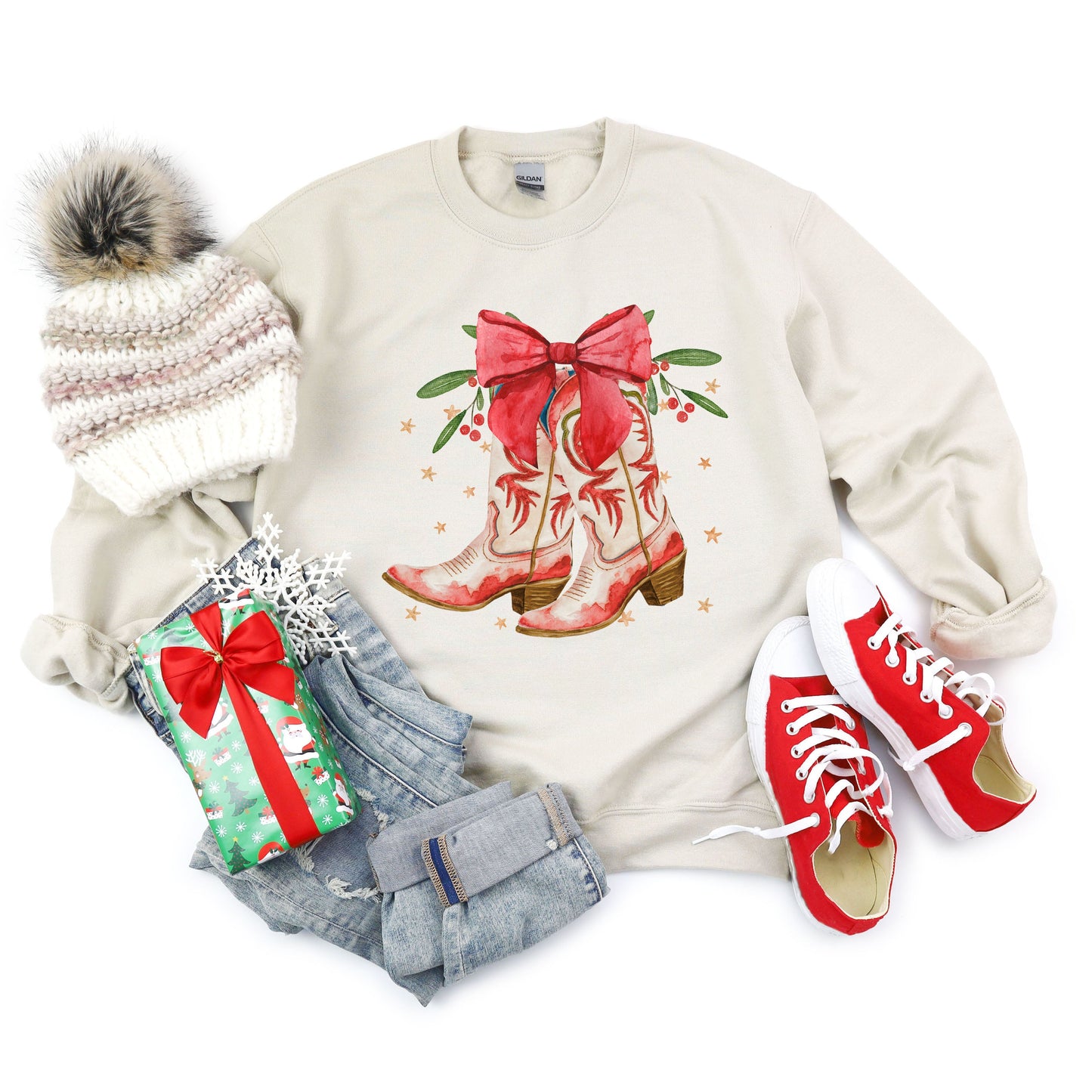 Coquette Cowgirl Christmas Boots | Sweatshirt