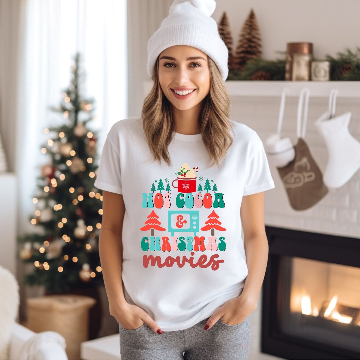 Retro Hot Cocoa Mug And Christmas Movies | Short Sleeve Crew Neck