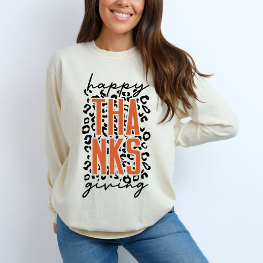 Happy Thanksgiving Orange Leopard | Garment Dyed Long Sleeve