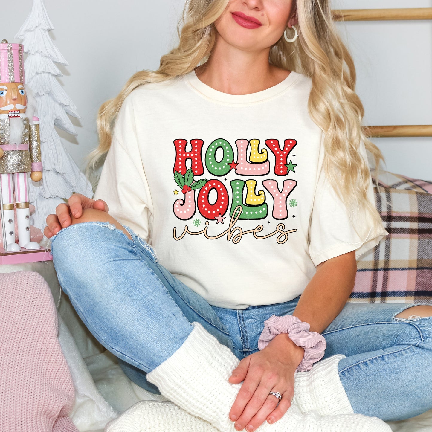 Holly Jolly Vibes Distressed | Garment Dyed Tee