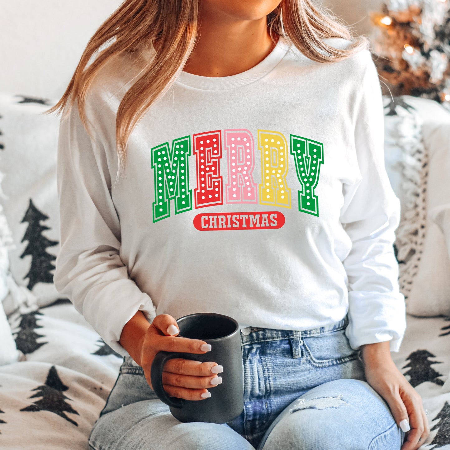 Merry Christmas Varsity Colorful | Long Sleeve Crew Neck